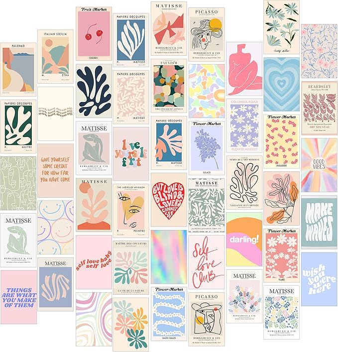 Aesthetic Room Decor, 50pcs Danish Pastel Prints for Wall Decor, Wall Collage Kit Aesthetic Pictures for Dorm Decor, Teen Girls Preppy Bedroom Decor