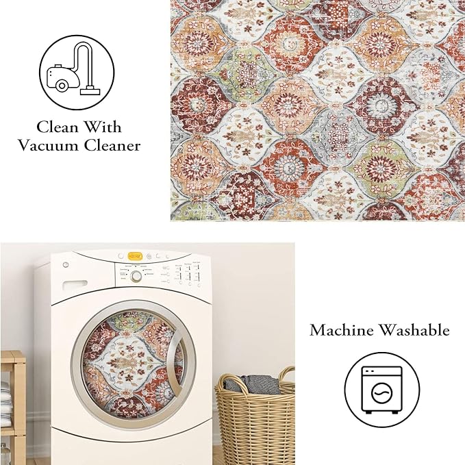 Lahome Moroccan Trellis Hallway Runner Rug, 2x6 Kitchen Runner Rugs Non Skid Washable, Vintage Laundry Room Rug Ultra-Thin Long Carpet for Bathroom Bedroom Entryway, Orange/Terracotta