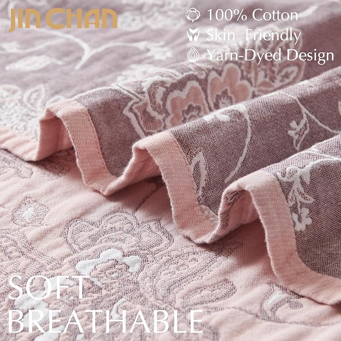 jinchan Boho 100% Cotton Muslin Twin Size 50x60 Inches Blanket Lightweight 4-Layer Quilted Soft Pink Red Floral Throw Blanket Reversible Comfy Flower Breathable All Seasons Couch Bedroom Decor