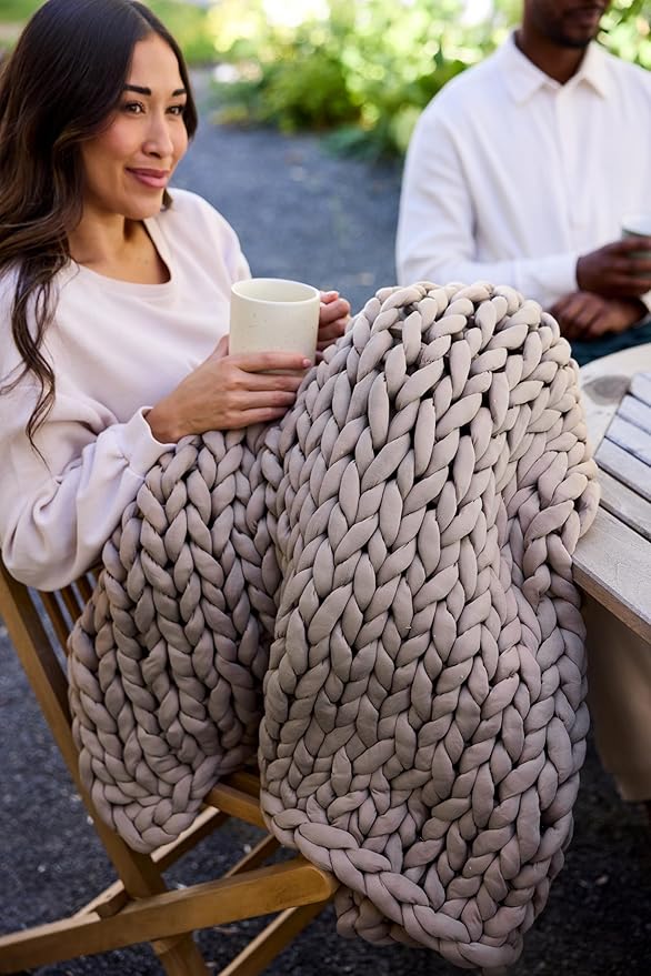 Nuzzie Chunky Knit Weighted Blanket - Breathable, Cooling, Hand Made Knit Throw Blanket for Sleep for Relaxation - Machine Washable, Stylish Design (Taupe, Throw | 12lbs | 44"x60")