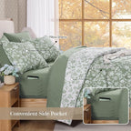 Queen Comforter Set -7 Pieces Floral Grey Green Comforter Set for All Seasons, Bed in a Bag Queen with Botanical Flowers Comforter, Sheets, Pillowcases & Shams