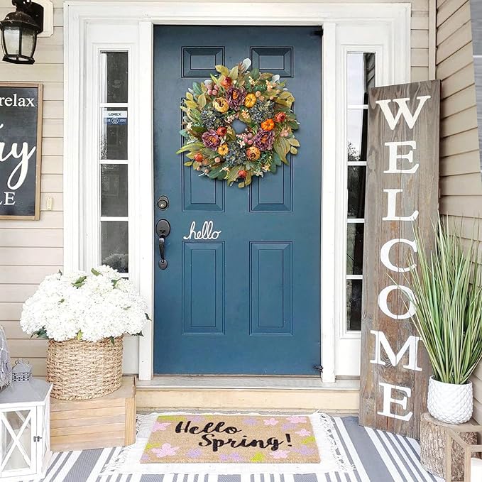 WANNA-CUL 24 Inch Spring Fall Wreaths for Front Door with Blue Hydrangea, Fall Wreath Front Door with Purple Orange Peony and Pumpkins-Fall Decoration for Home-Large Fall Decor Door Wreath for Autumn