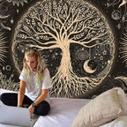 FORATER Tree of Life Tapestry Wall Hanging Sun Moon Stars Tapestries Aesthetic Galaxy Wall Tapestry Nature Home Decoration for Living Room Bedroom(61 x 82 Inch, Black and Gold)