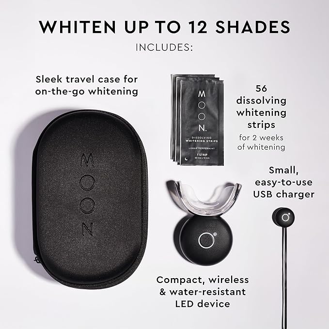 MOON LED Teeth Whitening Kit - Gentle Teeth Whitener Device, 56 White Strips, USB Charger & Travel Case - Blue Light Whitening Tray Removes Stains & Whitens Up to 12 Shades in 2 Weeks (4 Piece Kit)