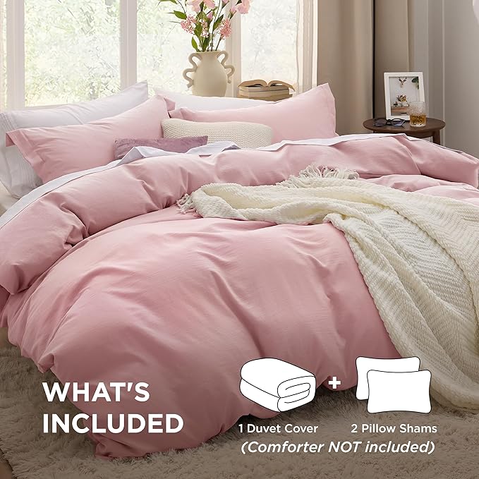Bedsure Pink Duvet Cover King Size - 3 Pieces Prewashed Cotton-Like Extra Soft Bedding Set, Includes 1 Duvet Cover 104x90 Inches with Zipper Closure & 2 Pillow Shams, Comforter Not Included