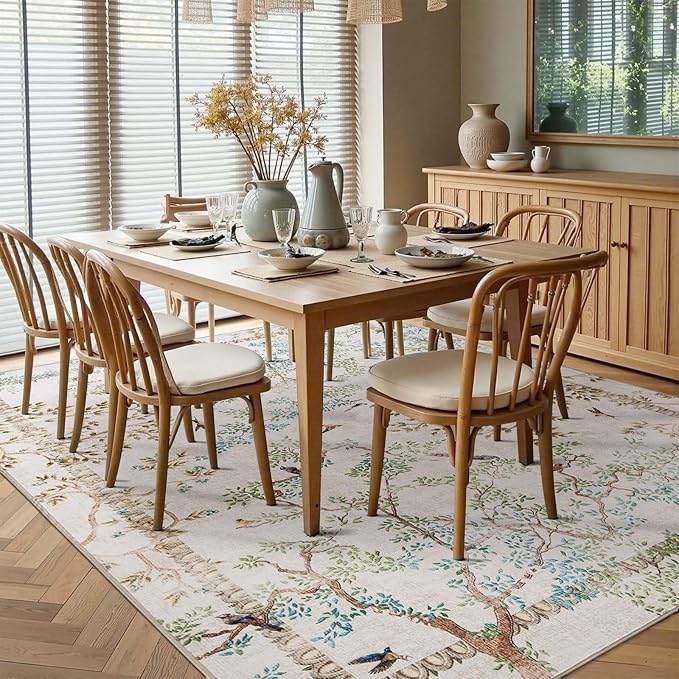 jinchan Botanical Birds 5x7 Ivory Area Rugs for Living Room Washable Non-Slip Soft Nature Plants Modern Kids Carpet Vintage Ultra Thin Low Pile Indoor Rug for Bedroom Dining Room Nursery Playroom