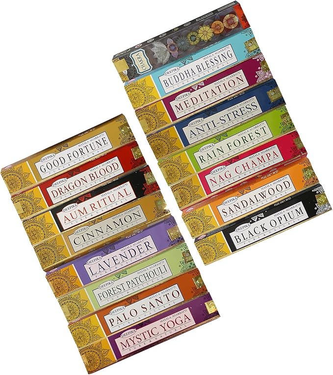 Deepika 12 Pack Assorted Pack 15 Gram x 12 Packs (180 Sticks) for Meditation, Aromatherapy, Healing and Yoga