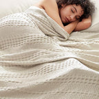 PHF Cooling Waffle Blanket Queen Size, Lightweight 60% Rayon Derived from Bamboo & 40% Cotton Breathable Blanket for Hot Sleepers, Soft and Luxury for Bed Couch and Sofa, 90"x90", Linen