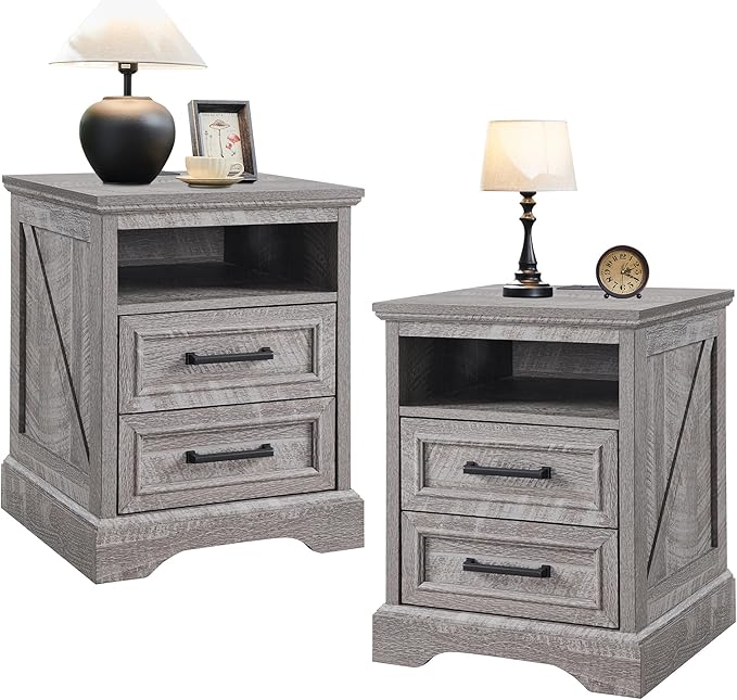 ACCOHOHO 18" Farmhouse Nightstand Set of 2 with Charging Station,End Table with 2 Drawers Storage,Side Table,Bedside Cabinet for Bedroom,Living Room, Grey