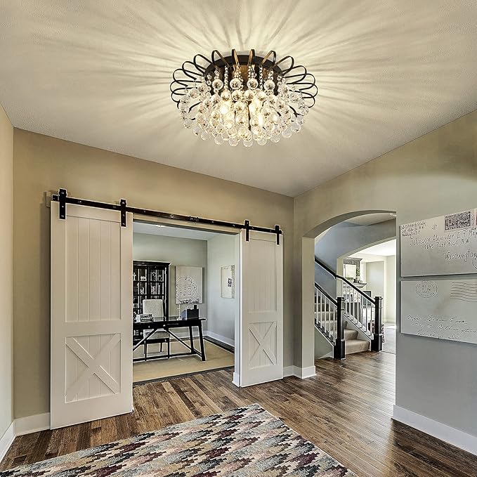 CVKASH Crystal Floral Chandelier 4-Light Antique Modern Black Flush Mount Raindrop Crystal Ceiling Lighting Fixture Chandelier for Living Room Bedroom Dining Room Entryway D17.71 H8.26