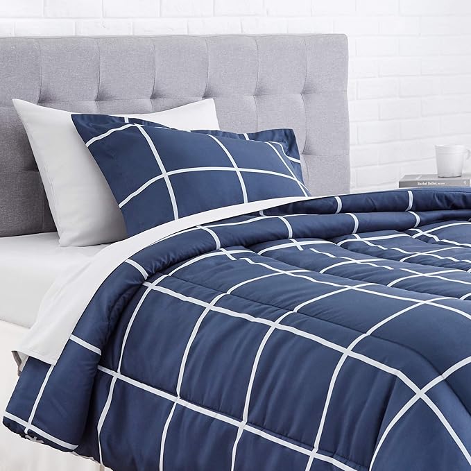 Amazon Basics Twin/Twin XL Comforter Set with Sheets, 5-Piece Navy with Grey Plaid Bedding, Lightweight Microfiber Bed-in-a-Bag
