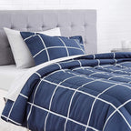 Amazon Basics Twin/Twin XL Comforter Set with Sheets, 5-Piece Navy with Grey Plaid Bedding, Lightweight Microfiber Bed-in-a-Bag