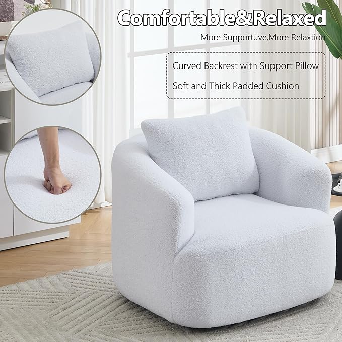 Swivel Accent Chair,360° Rotating Barrel Chair,Teddy Fleece High-Resilience Sponge Single Sofa, Easy Assembly for Living Room, Bedroom, Apartment White