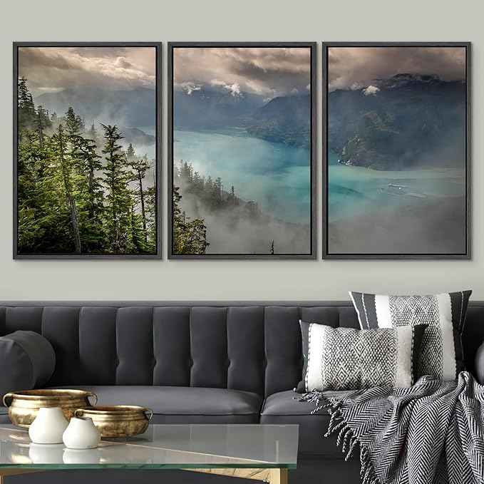 SIGNWIN 3 Piece Framed Canvas Wall Art Foggy Mountains Canvas Prints Home Artwork Decoration for Living Room,Bedroom - 24"x36"x3 Black