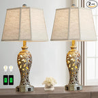 Vintage Table Lamps Set of 2 for Living Room Bedroom, 2 USB Ports 25'' Rustic Farmhouse Desk Lamp with Nightlight, Iron Gray Hollow Out Resin Lamp for End Table (Bulbs Included)