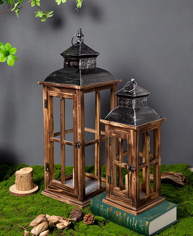 Large Farmhouse Decorative Wooden Lanterns Set of 2, Rustic Burnt Wood Floor Lanterns, Indoor/Outdoor Hurricane Lanterns for Home Decor (No Glass)