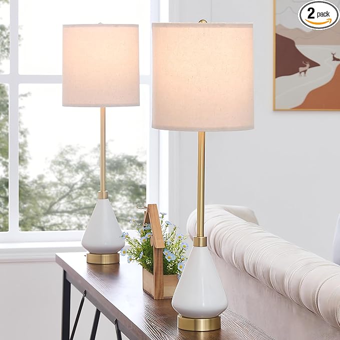 32" White Buffet Lamps Set of 2 for Living Room, Ceramic Buffet Table Lamps for Dining Room, Tall Skinny White Gold Lamps Set of 2, Modern Candlestick Lamps for Credenza, Sideboard, Hallway