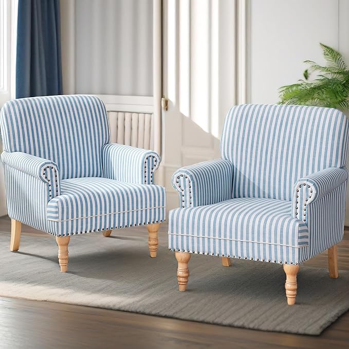 HUIMO Linen Fabric Accent Chairs Set of 2, Mid-Century Modern Armchair with Solid Wood Legs, Single Sofa Chair,Upholstered Reading Club Chair (2, Blue and White Stripe)