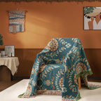 Boho Throw Blanket Twin Size, Soft Cozy Cotton Muslin Quilt Blanket for Bed Decor, Floral Patterned Couch Sofa Chair Cover, Vintage Farmhouse Cottage Tapestry Woven Blanket, Green&Beige