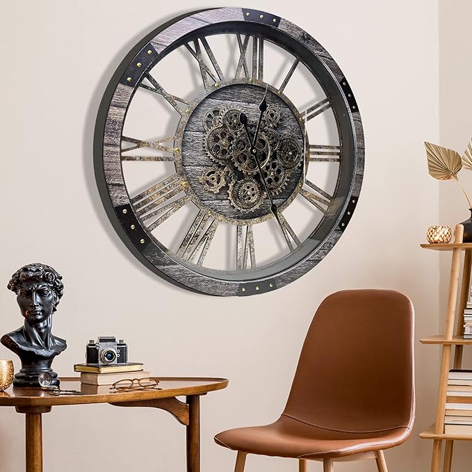 DORBOKER 27" Real Moving Gears Large Wall Clock with Toughened Glass Cover, Giant Wood Farmhouse Clock, Oversized Vintage Industrial Rustic Clock for Living Room Decor Home Kitchen (Carbon Grey)