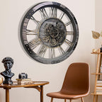 DORBOKER 27" Real Moving Gears Large Wall Clock with Toughened Glass Cover, Giant Wood Farmhouse Clock, Oversized Vintage Industrial Rustic Clock for Living Room Decor Home Kitchen (Carbon Grey)