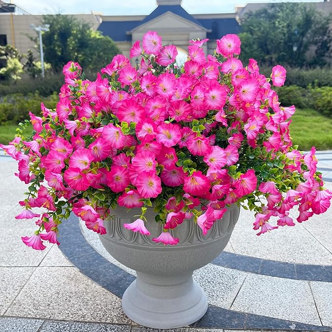 Artificial Flowers Fake Plants for Outdoor Indoor Decoration,16 Bundles UV Resistant Faux Plastic Flowers,Realistic Pink Morning Glory for Planter Porch Patio Home Table Wedding (Pink)