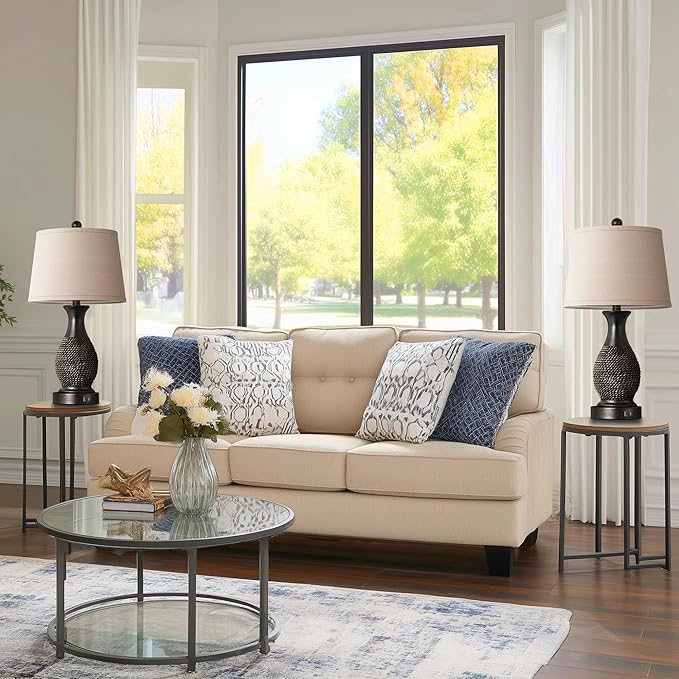 PARTPHONER Table Lamps Set of 2, Bedside Touch Lamp with USB C+A Charging Ports, Side Table Lamp with Linen Fabric Shade (LED Bulbs Included), Black with Gold Accents