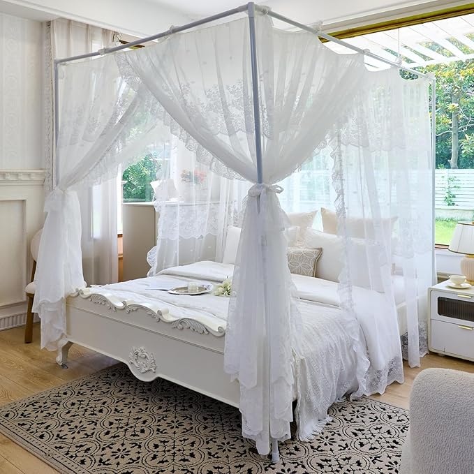 AIKASY Elegant Lace Princess 4-Poster Bed Canopy Mosquito Net - Romantic Wedding Bridal Bedroom Decor, Kids Room Bed Curtain for Women Adults - (White1,Queen)