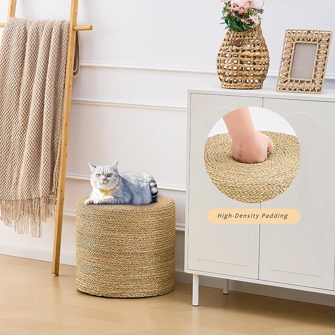 Handwoven Ottoman Pouf, Natural Seagrass Footstool, Round Braided Outdoor Seat with Sturdy Frame, Boho Accent Stool for Patio, Balcony, or Garden (Seagrass)