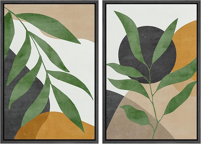 SIGNFORD Framed Canvas Print Wall Art Set Geometric Mid-Century Plant Collage Abstract Shapes Illustration Modern Art Decorative Nordic Nature for Living Room, Bedroom, Office - 24"x36"x2 Black