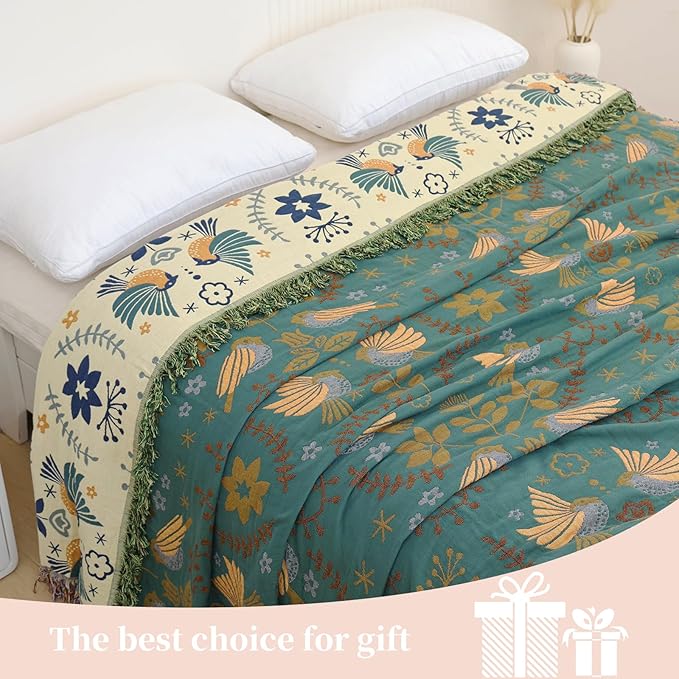 Boho Throw Blanket for Bed, 100% Pure Cotton Ultra Soft Rustic Quilt, Farmhouse Decor Bed Blankets, All Season Rustic Throw for Sofa Couch Chair(91''x 98'', Bird A)