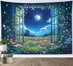 LB Wildflower Moon Tapestry, Window Forest Plant Green Leaf and Garden Colorful Floral Wall Tapestry for Bedroom, Night Sky Wall Art for Living Room Dorm Home Decor Ready to Hanging, 48 x 36 Inches