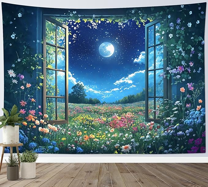 LB Wildflower Moon Tapestry, Window Forest Plant Green Leaf and Garden Colorful Floral Wall Tapestry for Bedroom, Night Sky Wall Art for Living Room Dorm Home Decor Ready to Hanging, 59 x 51 Inches