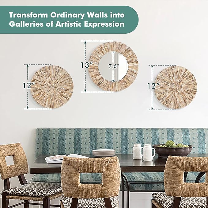 TEIPAI Boho Decorative Mirror for Living Room, 3PCS Handcrafted Mother of Pearl Mirror Wall Decor for Home Dorm Apartment Hallway Staircase, Mosaic Art Plates for Wedding Decoration (Dark Brown)
