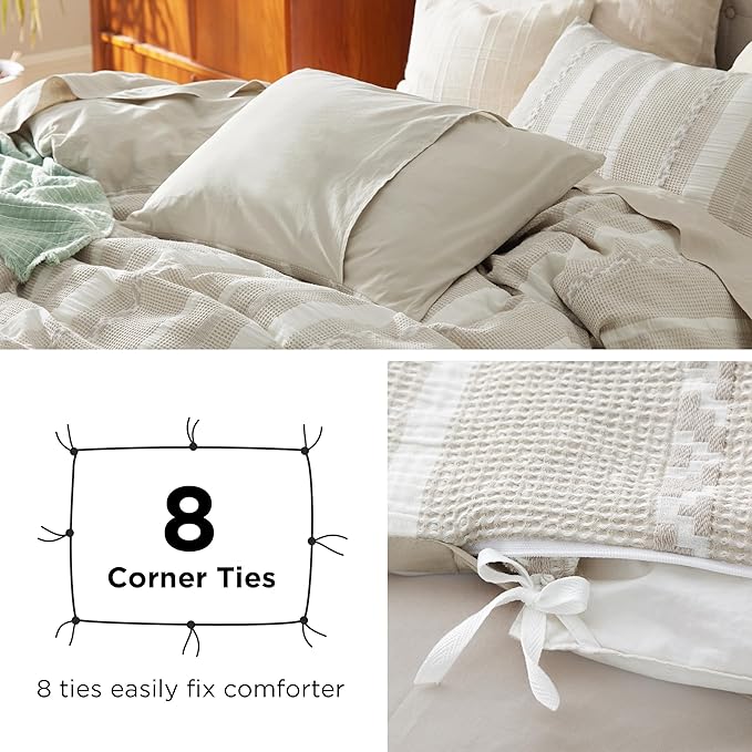 Bedsure Waffle Weave Duvet Cover Queen - 100% Cotton Boho Duvet Cover with 2 Pillowcases - Linen Color Textured Comforter Cover with Zipper Closure (Queen, 90"x90")