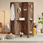 4 Panel Pegboard Display with 16 Hooks, Wooden Pegboard Room Divider Wall with Shelf, Rustic Room Dividers and Folding Privacy Screens, Bedroom, Jewelry Store, Brown