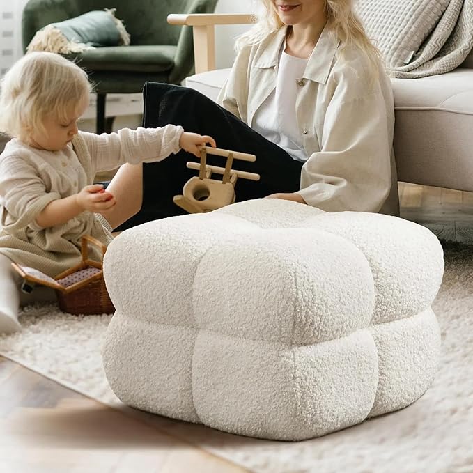 Zesthouse Square Pouf Ottoman, Modern Ottoman Coffee Table for Living Room, Fuzzy Sherpa Couch Foot Rest, Upholstered Tufted Cube Stool for Couch, White