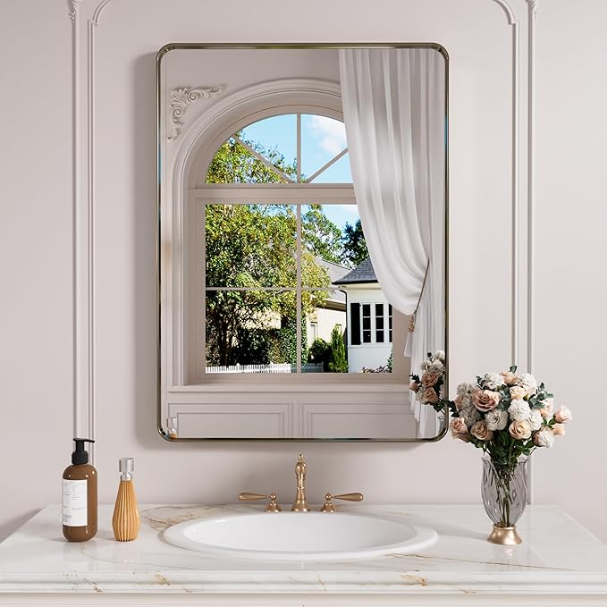 Bronze Bathroom Mirror 20x30 Inch, Brushed Bronze Metal Frame Mirror for Wall, Rounded Rectangle Bathroom Vanity Mirror with Tempered Glass, Anti-Rust, Horizontal/Vertical