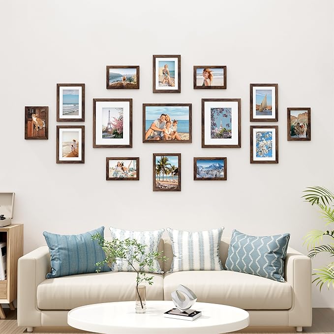 Vittanly 15 Pack Picture Frames Collage Wall Decor for Mounting or Tabletop Display, Gallery Frame Set for Family, Multi Sizes Including 3pcs 8x10, 6pcs 5x7, 6pcs 4x6, Brown