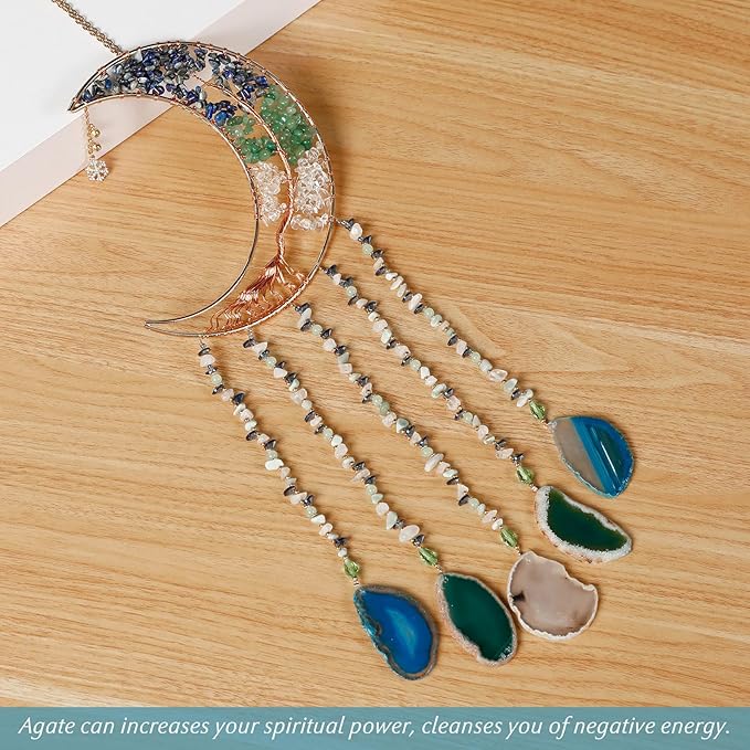 Agate Gemstone Dream Catcher 7 Chakra Tree of Life Dream Catcher with Rainbow Crystal Stones Handmade Dreamcatcher Wall Decor for Adults Boys Girls,Bedroom,Wedding,Garden,Bless Gift(Blue&Green Moon)