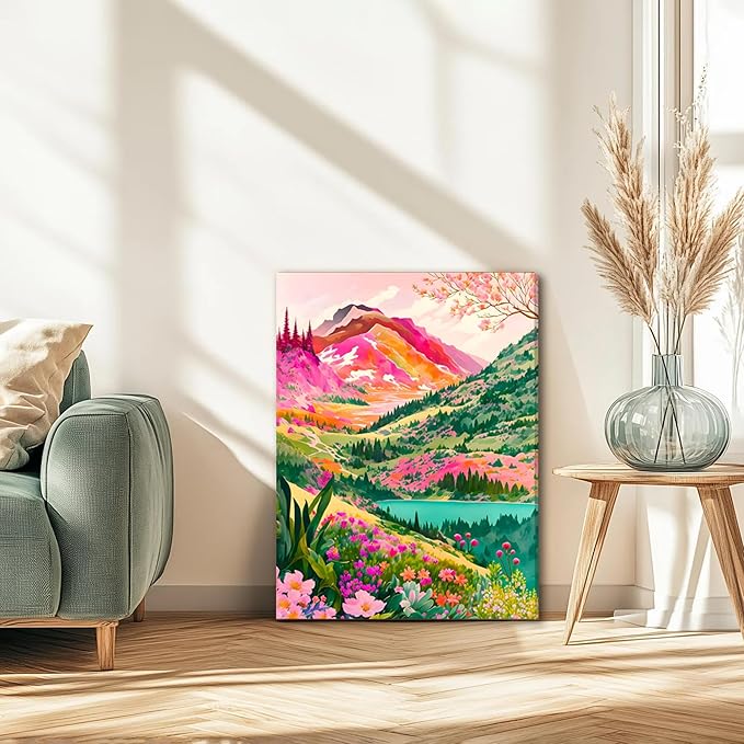 DUWQU 3 piece Colorful Watercolor Mountain Canvas Wall Art Boho Floral Painting Picture Wall Decor Abstract Nature Landscape Poster Print Artwork for Living Room Bedroom Bathroom Office 16x24 Inches