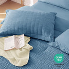 MUXHOMO 7 Pieces Full Comforter Set, Seersucker Bed in a Bag Full Size, All Season Luxury Bedding Set with Comforter, Flat Sheet, Fitted Sheet, Pillowcases & Shams, Mineral Blue