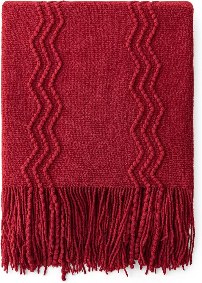 MIULEE Burgundy Red Knitted Throw Blanket for Couch Boho Textured Cozy Woven Blanket with Tassels for Sofa Chair Bed Living Room Acrylic Wave Pattern 60"x80"