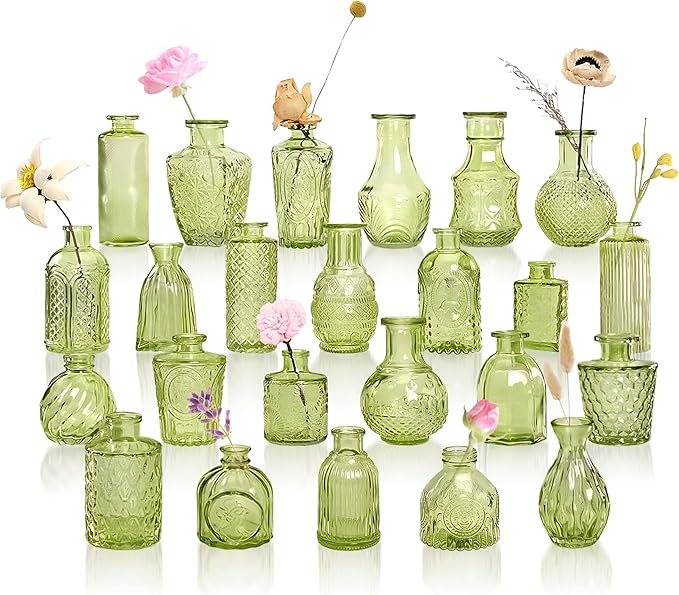 Embossed Bud Vases Set of 24, Vintage Flower Vase Green Glass Mini Vases for Centerpieces, Decorative Small Vase Bulk for Flowers, Wedding Table Decorations, Party, Baby Shower, Home Decor,