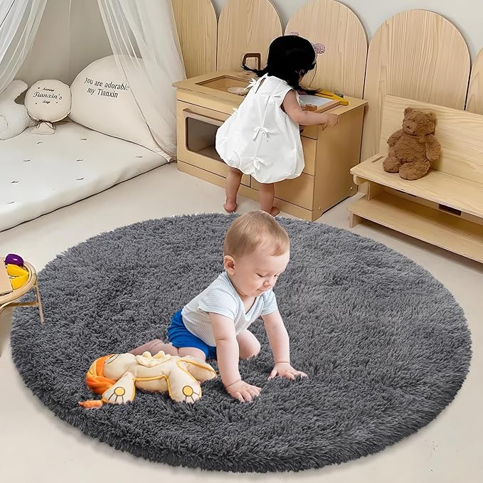 Fluffy Round Area Rugs for Bedroom,5'X5'Shag Circle Area Rugs for Living Room,Non Slip Fuzzy Plush Rug for Kids Room Boys Girls Room and Dorm,Deep Grey