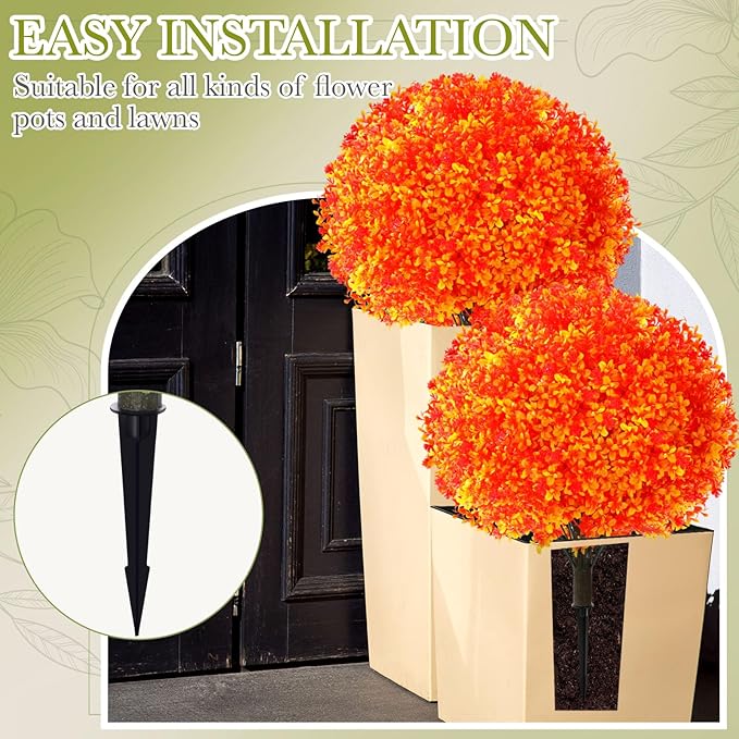 Yunlly Set of 2 Artificial Boxwood Topiary Ball Tree 27 Outdoor Boxwood Balls with Flower Faux Bush UV Resistance Fake Shrub Plant with Spike for Garden Porch Patio Decor (Fall Dark Orange,27x18inch)