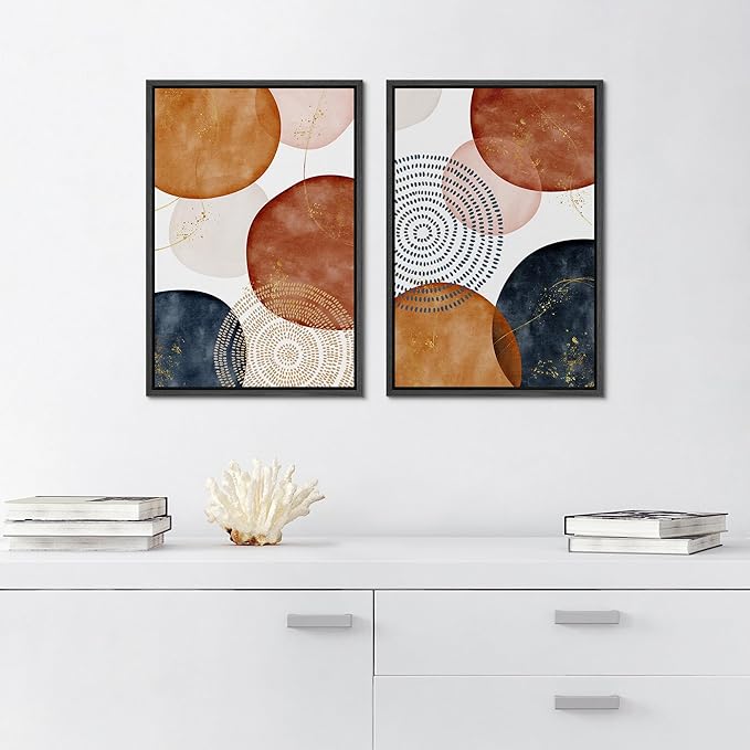 SIGNFORD Framed Wall Art Print Set Vintage Mid-Century Spiral Watercolor Dot Abstract Shapes Illustrations Modern Minimalist Multicolor for Living Room, Bedroom, Office - 16"x24"x2 Black