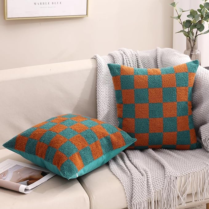 Alysheer Checkered Embroidered Decorative Throw Pillow Covers 18"x 18" Set of 2, Farmhouse Cottage Teal Brown Plaid Tufted Patterned Cotton Canvas Cushion Case for Sofa Couch Bed Living Room