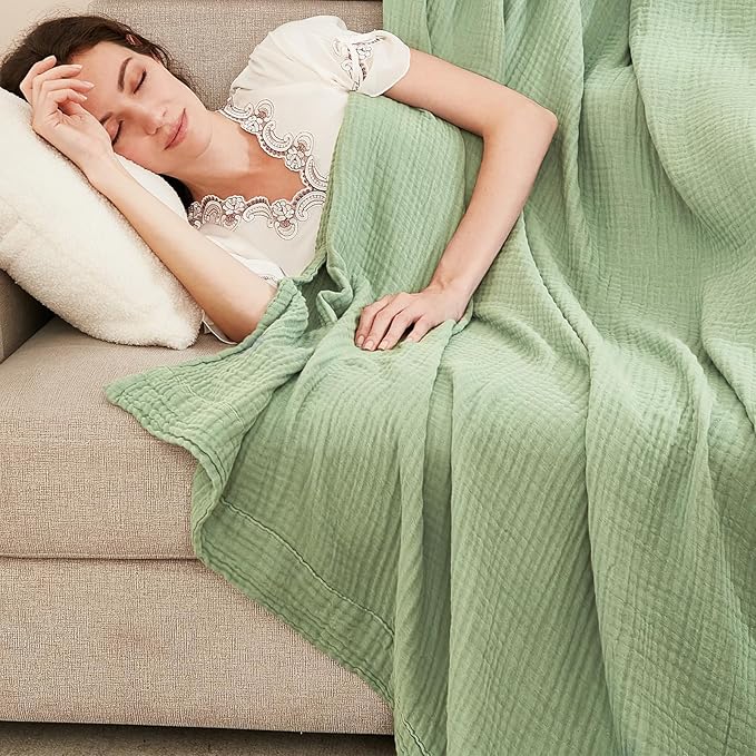 EMME Cotton Muslin Blanket King Size - Soft, Breathable Layering Blanket, 108"x90", All Season Gauze, Sage Green