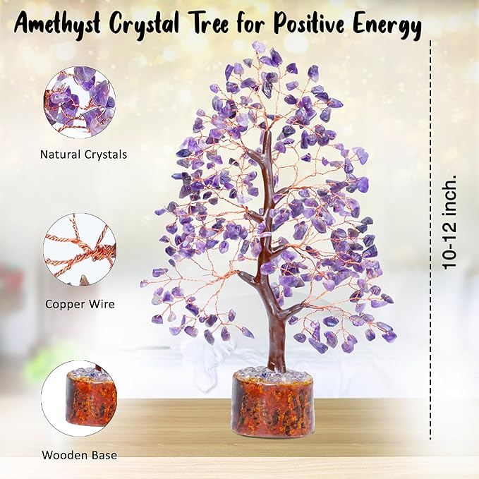 Crocon Amethyst Gemstone Tree Feng Shui Figurine Money Bonsai Chakra Balancing Good Luck Reiki Healing Crystals Decoration Ornament Sculpture Prosperity Table Decor Gift Size 10-12"""